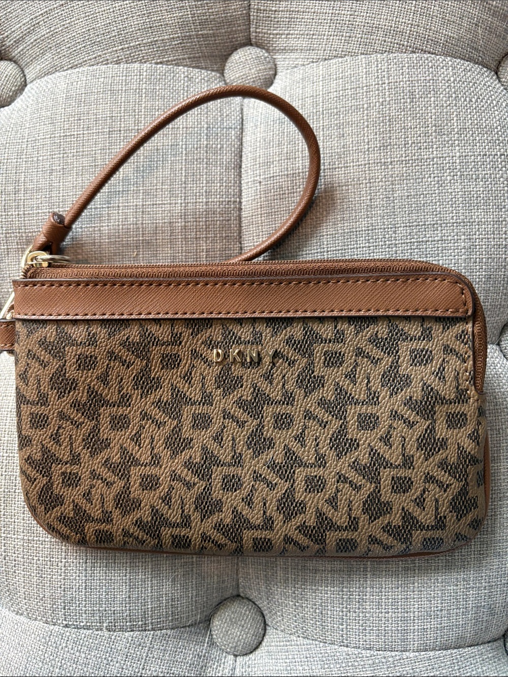 DKNY Brown Tan Logo Wristlet with Gold Hardware